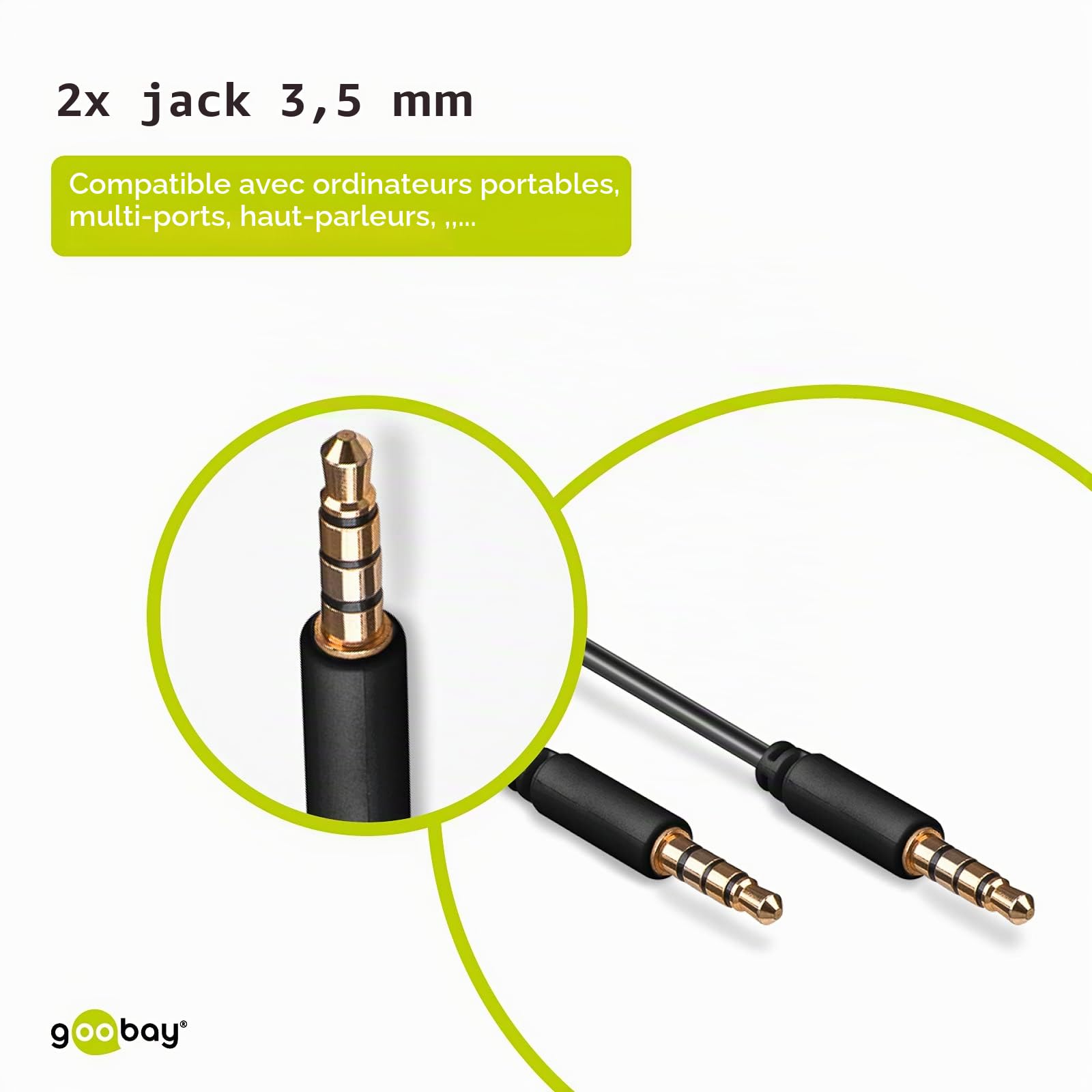 Câble de Connexion Audio AUX, 3.5 mm Stéréo, 4 Pôles, Slim, CU, 2 m Longueur de Câble