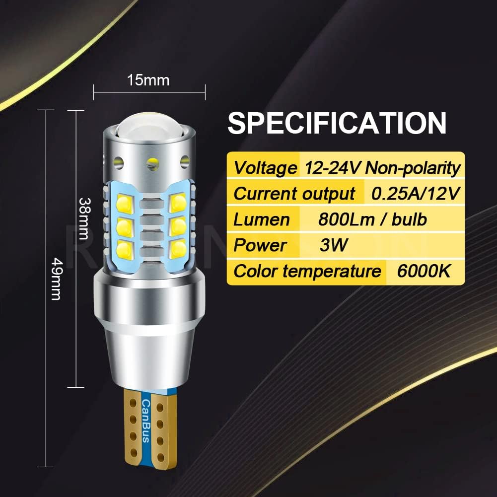 Ruiandsion 2pcs T15 LED Bulbs High Power 80W 2525 Chipsets 912 921 12V 24V Extremely Bright Canbus Error Free Bulbs for Back Up Lights Reverse Lights, 6000K White