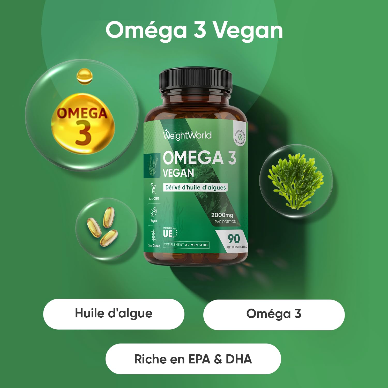 Omega 3 Vegan - Huile d'Algues en Gelules 2000mg Omega 3 DHA EPA - 90 Gélules Molles Vegan sans Huile de Poisson (Fish Oil) ni Huile de Krill