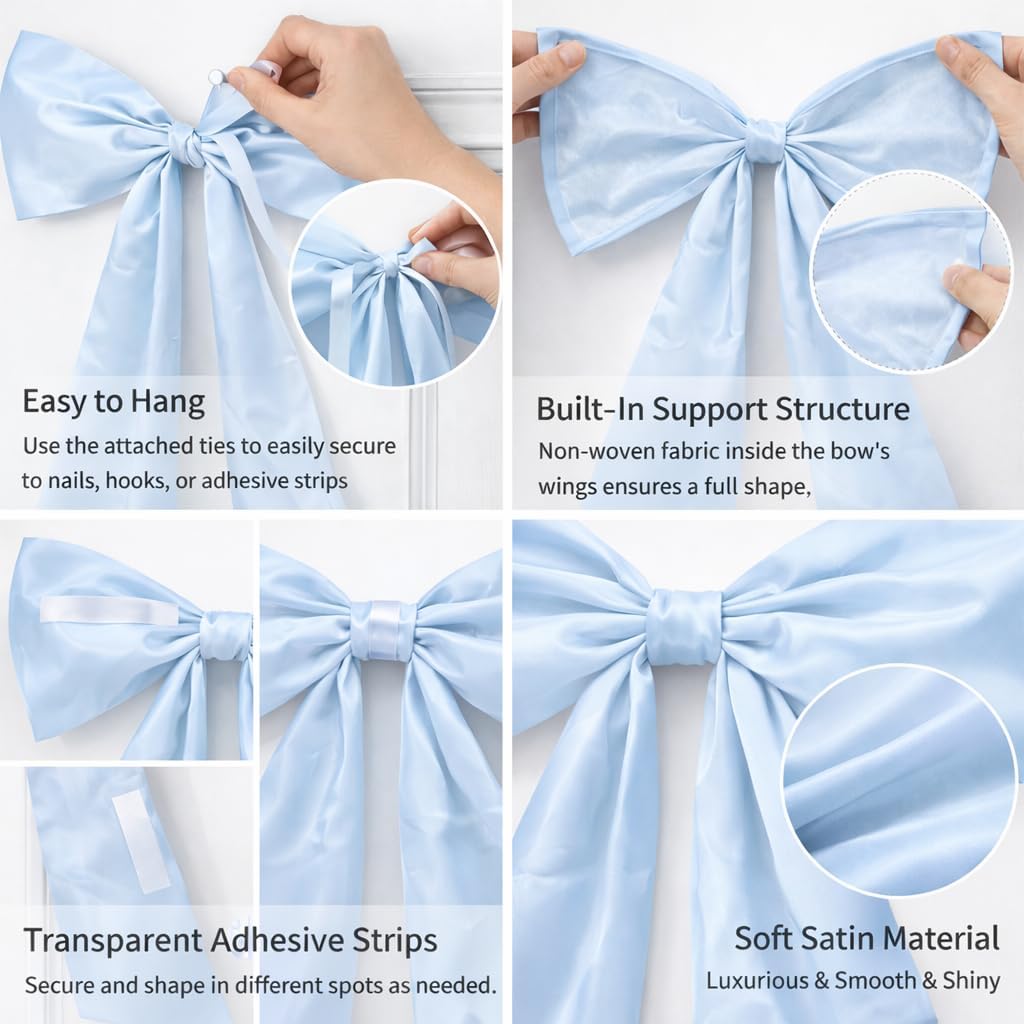Giant Satin Bow for Room Decor, 18 x 46 in Pre-Tied Bow with Internal Support, Wall Decoration for Weddings and Holiday Parties (Blue)