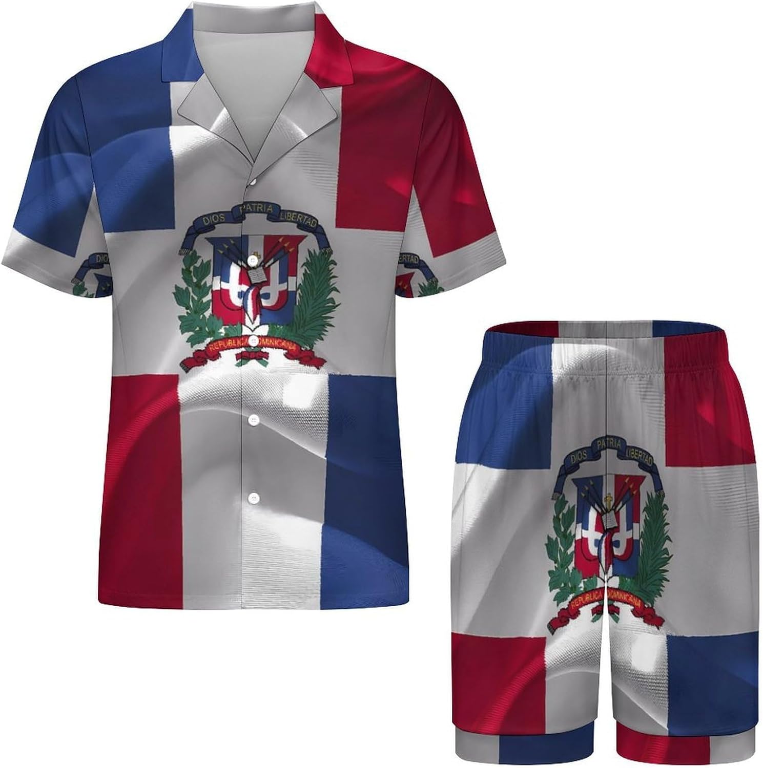 Dominican Republic Flag Men's Short Sleeve Pajama Set Satin Silk Like Lounge Sleepwear