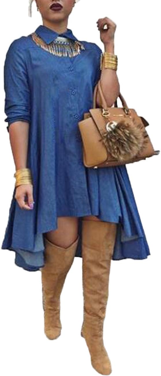 XUGWLKJDenim Dress for Women 2024 Blue Denim Shirt Dress Blouses Long Sleeve Big Swing Casual Denim Party Dress