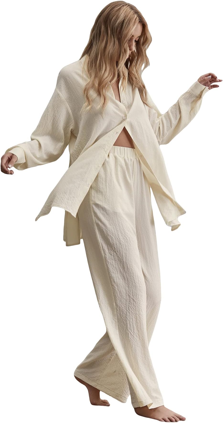 Floerns Women's 2 Piece Outfits Slit Hem Longline Blouse and Wide Leg Pants Set