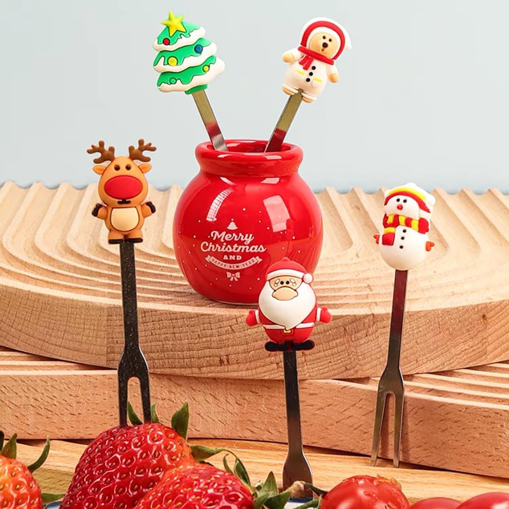 10 Pcs Christmas Fruit Fork with Ceramic Jar Holder Mini Stainless Steel Salad Fork Cartoon Santa Claus Xmas Tree Fruit Picks Cake Dessert Food Picks (2)