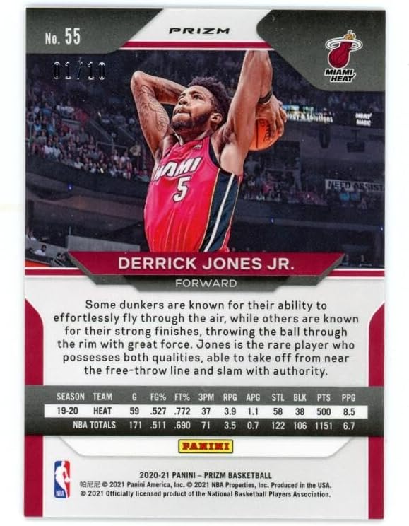 2020-21 PANINI PRIZM PRIZMS GOLD #55 DERRICK JONES JR. 1/10 MIAMI HEAT BASKETBALL OFFICIAL TRADING CARD OF NBA
