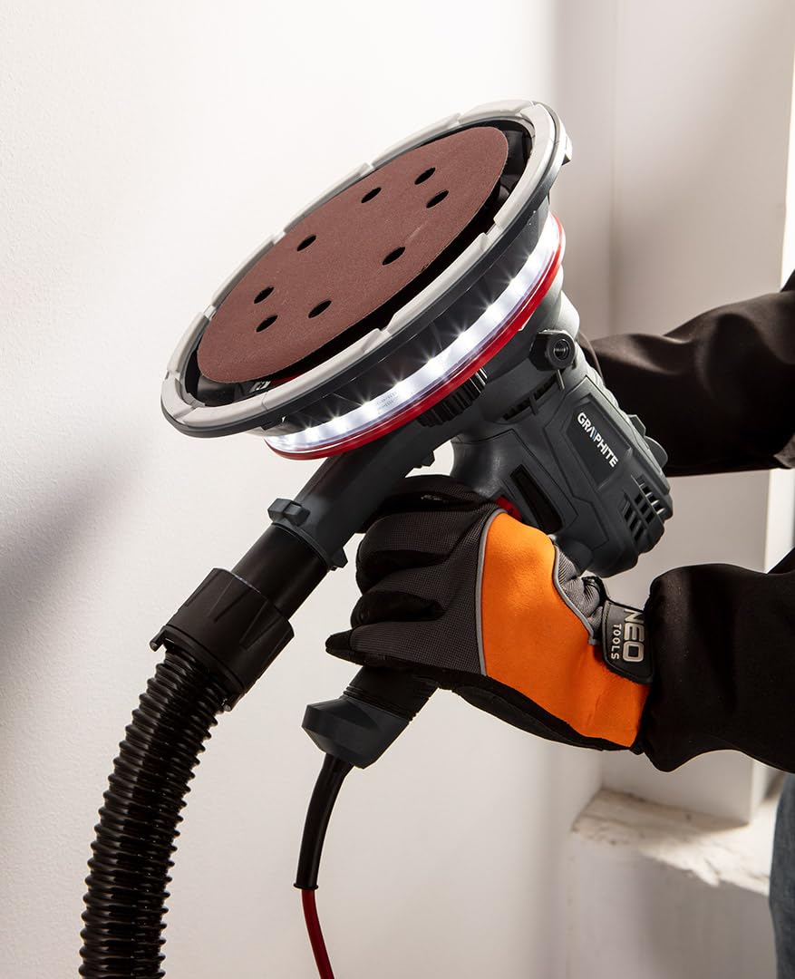 GRAPHITE Scheppach Lijadora de pared y techo - 1400-2700 RPM - Papel de lija de velocidad variable con luz LED - 900 W, tamaño de disco 180 mm - Lijadora profesional de yeso