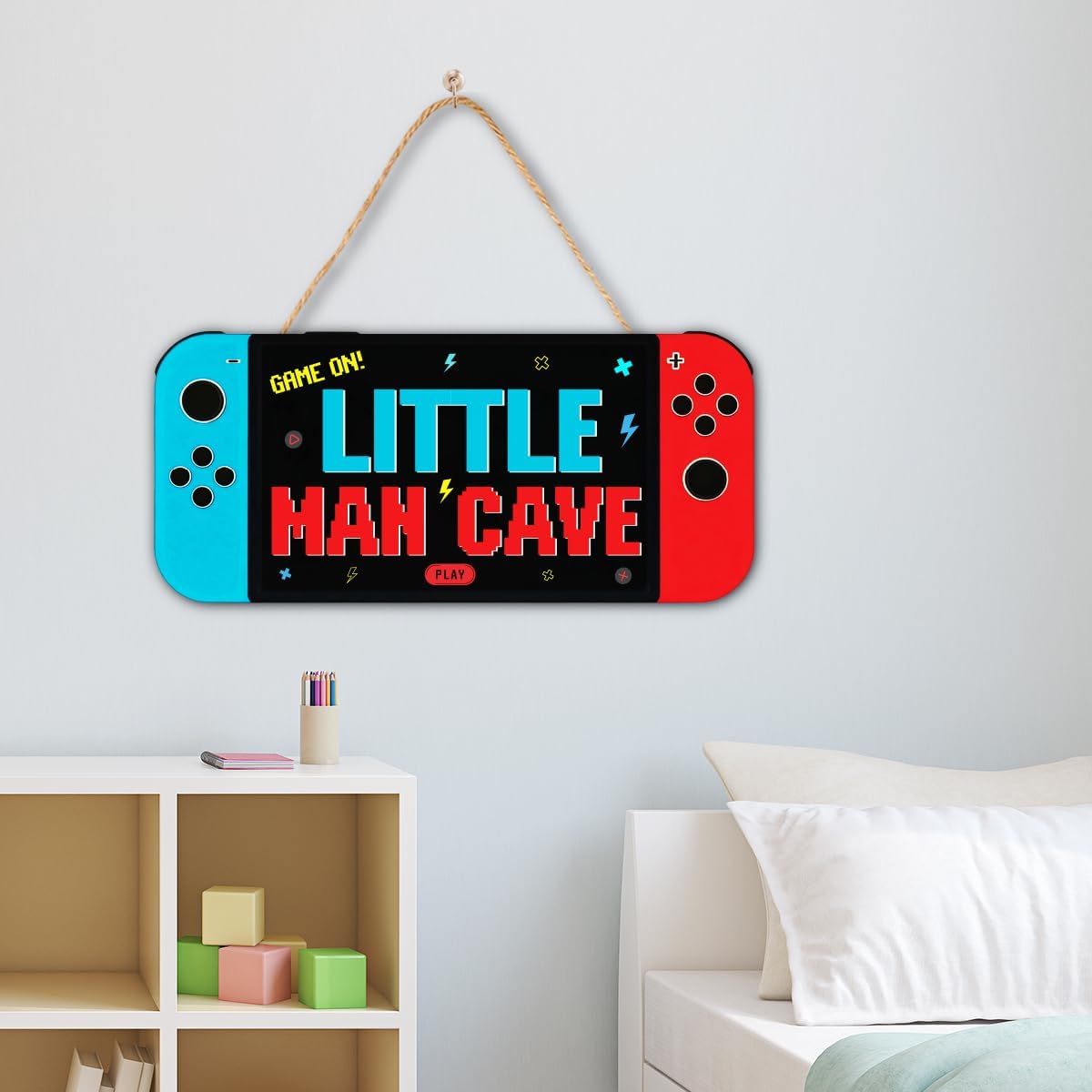 Video Game Little Man Cave Sign for Boys, Gamer Wood Hanging Sign for Gameroom Bedroom