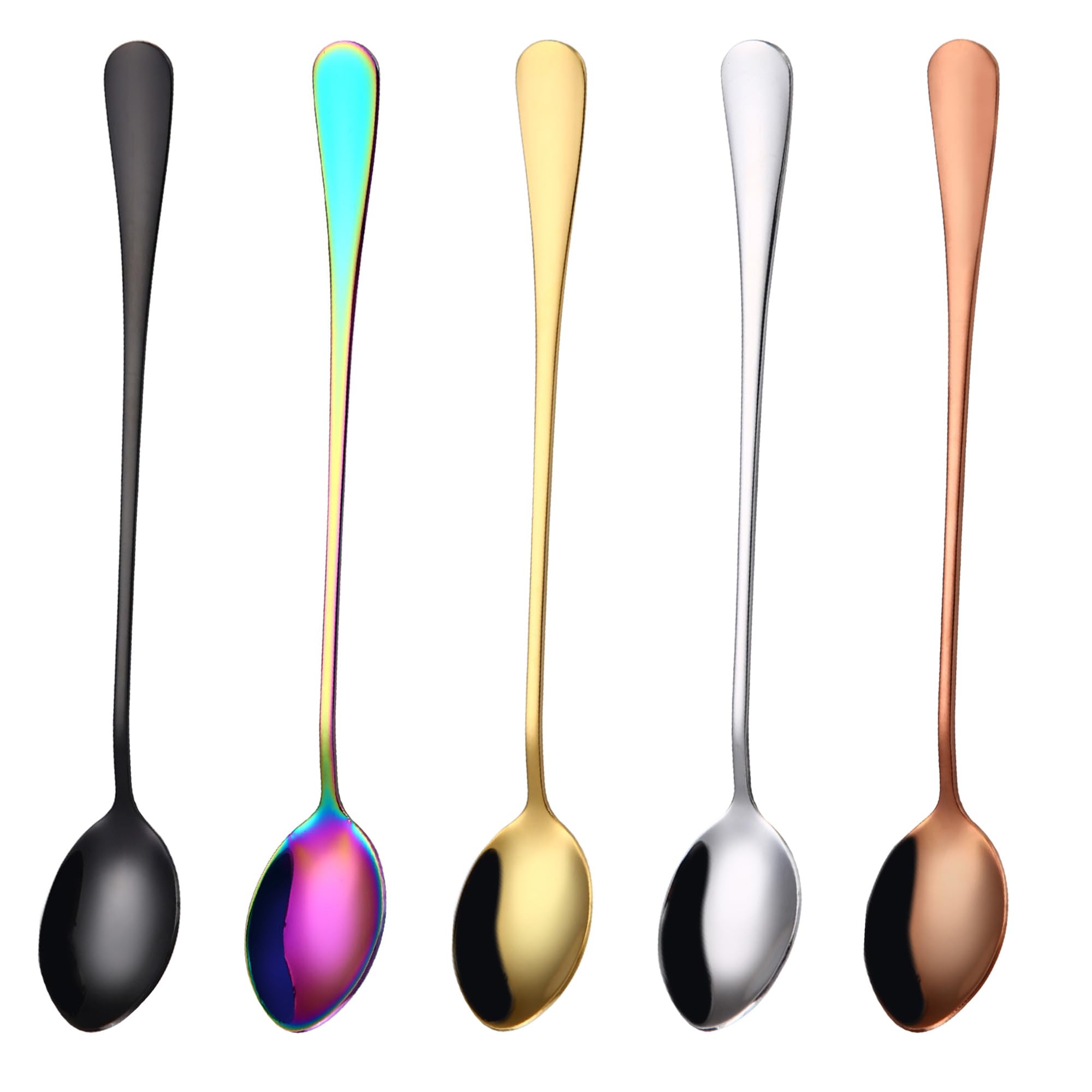 5 Pcs Long Handled Latte Spoons Set – 7.68 inch Stainless Steel Long Teaspoons – Tea Spoons for Coffee, Espresso, Ice Cream Sundae Dessert (Silver, Gold, Rose Gold, Rainbow, Black)