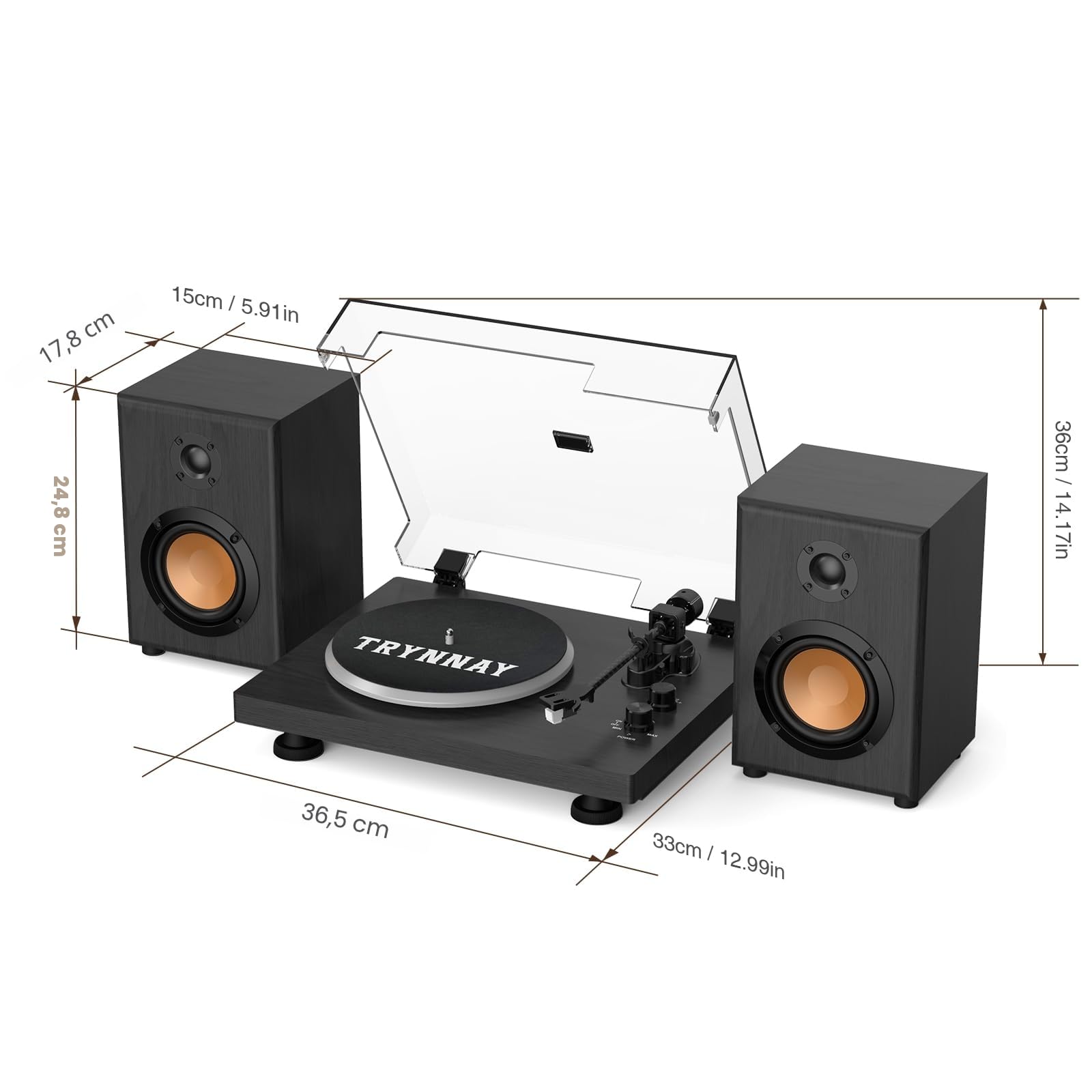 Trynnay Platine Vinyle, Tourne Disque Système HiFi, entrée/Sortie Bluetooth, 33/45 Tours/Minute, Compatible vinyles 7/10/12 Pouces, Son Hi-FI pour Les Amateurs de vinyles, Noir