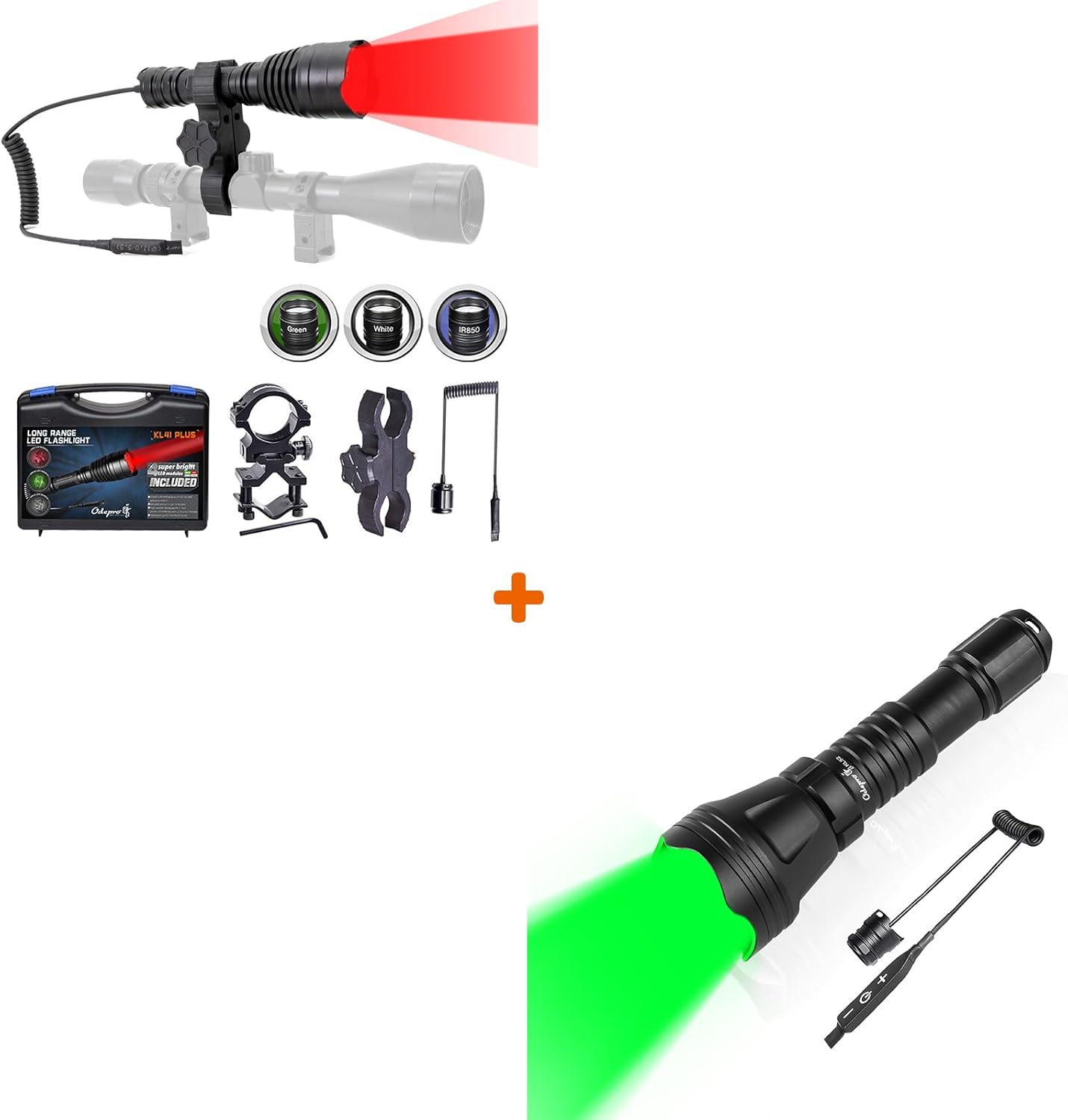 KL41Plus Hunting Flashlight Kit KL52 Zoomable Predator Hunting Flashlight Green Hog Light Bundle