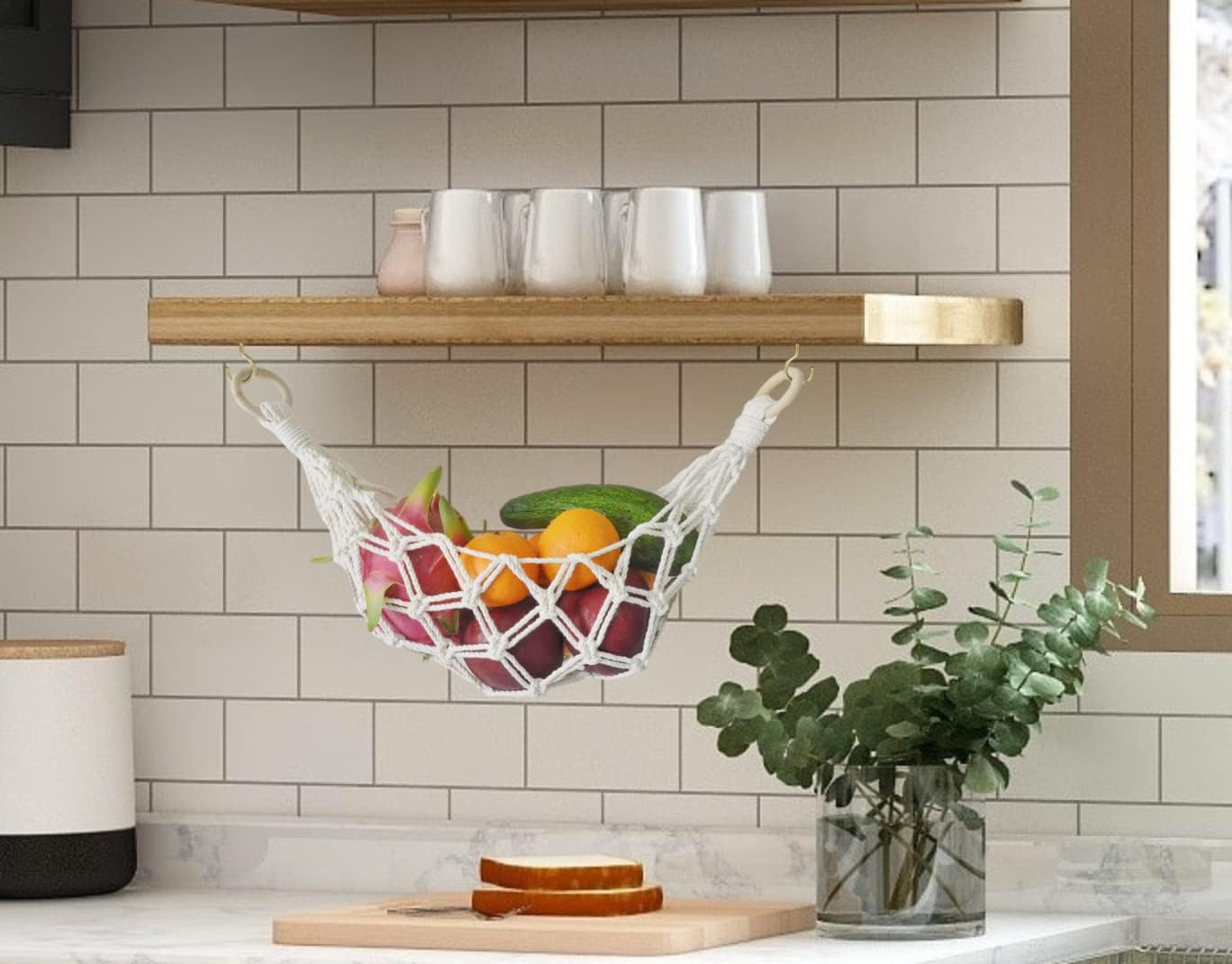2 Sets of Macrame Hanging Fruit Hammock, Hanging Fruit Basket Under the Kitchen Cabinet with Hooks (All Handwoven) for Banana, Produce, Vegetables or Fruit Storage (Ivory) 8 61SDD27VpRL. AC SL1368