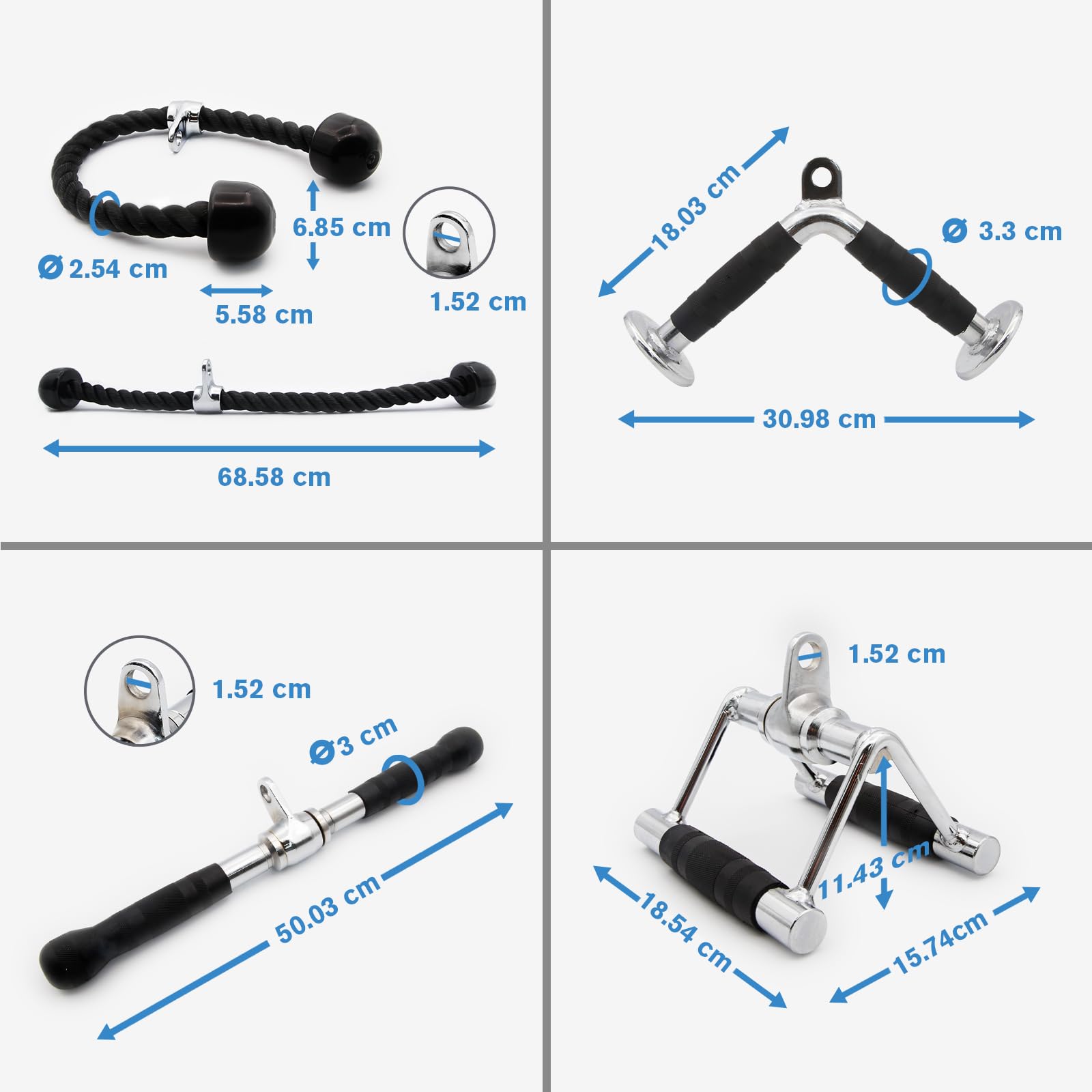 RitFit Set di 4 accessori per macchina con cavi, LAT Pulldown | Include barra a V, corda per tricipiti, impugnatura a doppia D, barra per tricipiti per fitness a casa e palestra