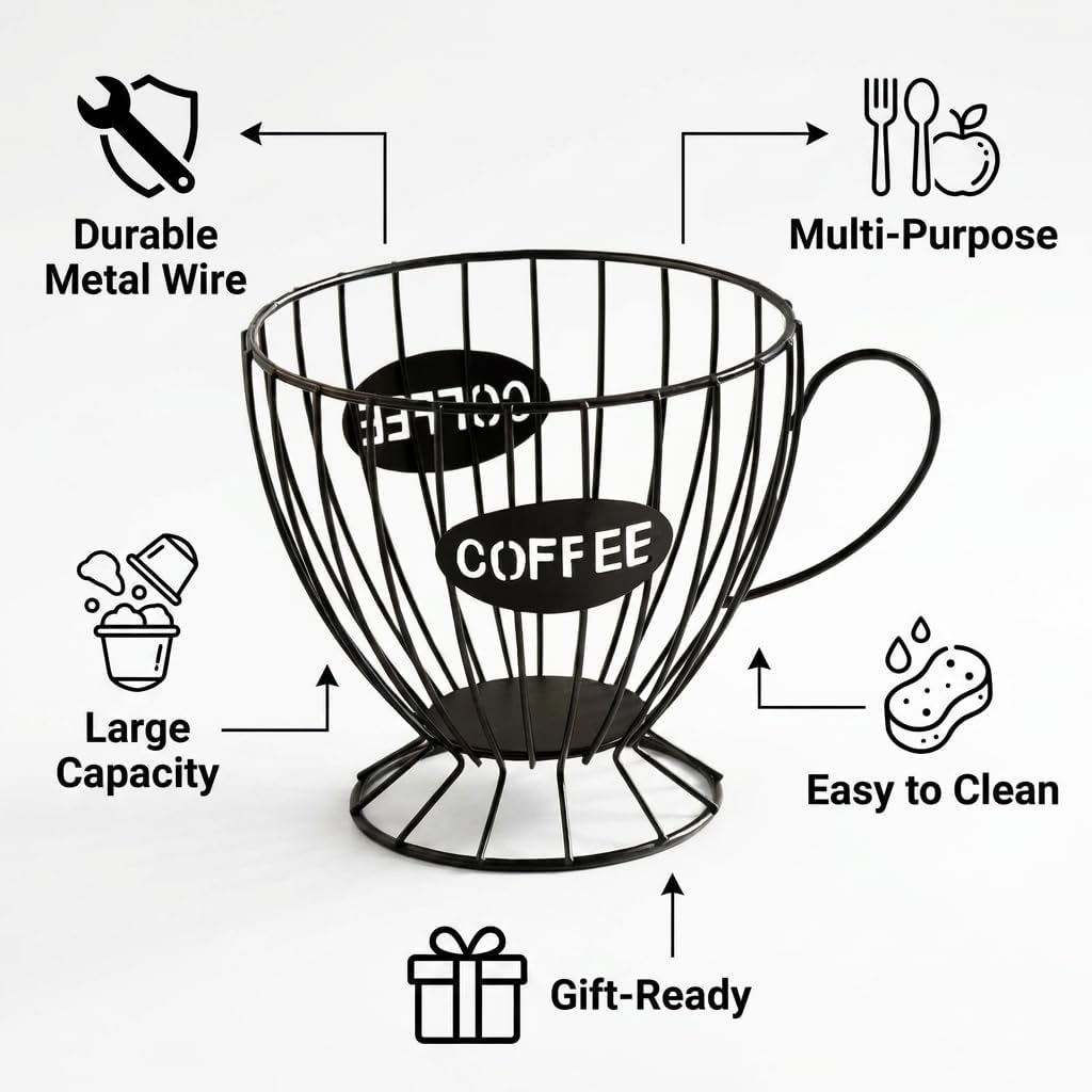 Metal Coffee Capsule Holder, Large Capacity 15cm Opening, Durable Thick Metal Wire Storage Basket for Kitchen & Office – Holds 50+ Capsules, Tea Bags, Snacks,