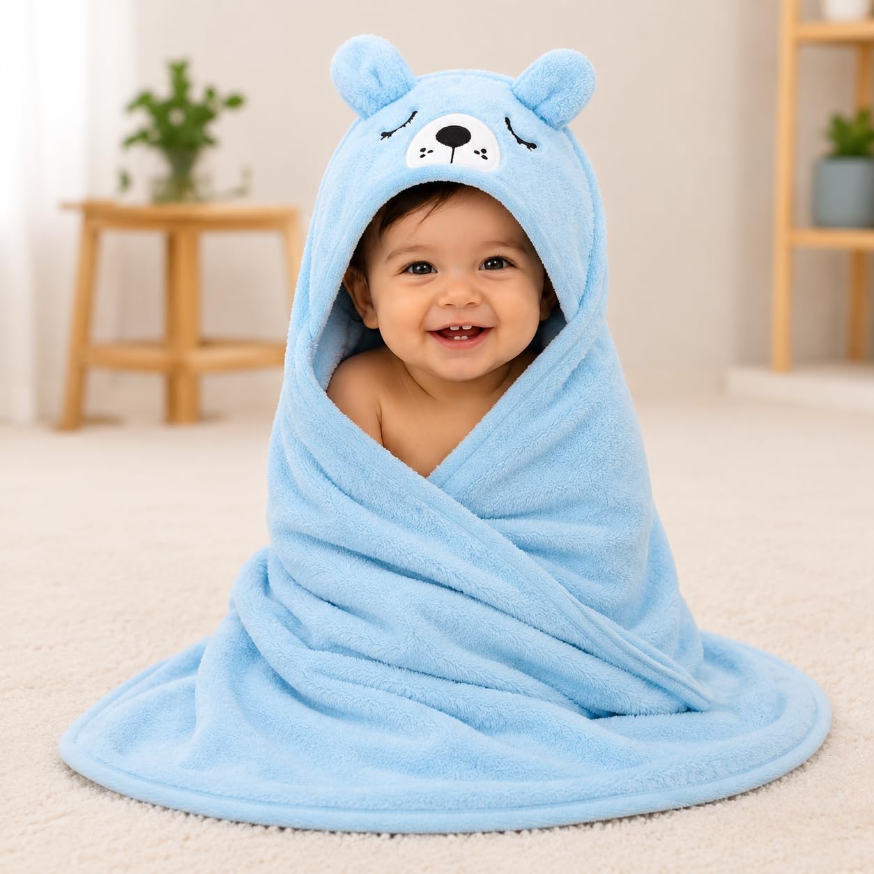 Microfiber Baby Hooded Bath Towel 250 GSM | Ultra Soft & Quick Dry Bath Wrap 80x80 cm | Bathrobe for Newborn, Infants & Toddlers Boys & Girls (0–24 Months), Blue-image-3