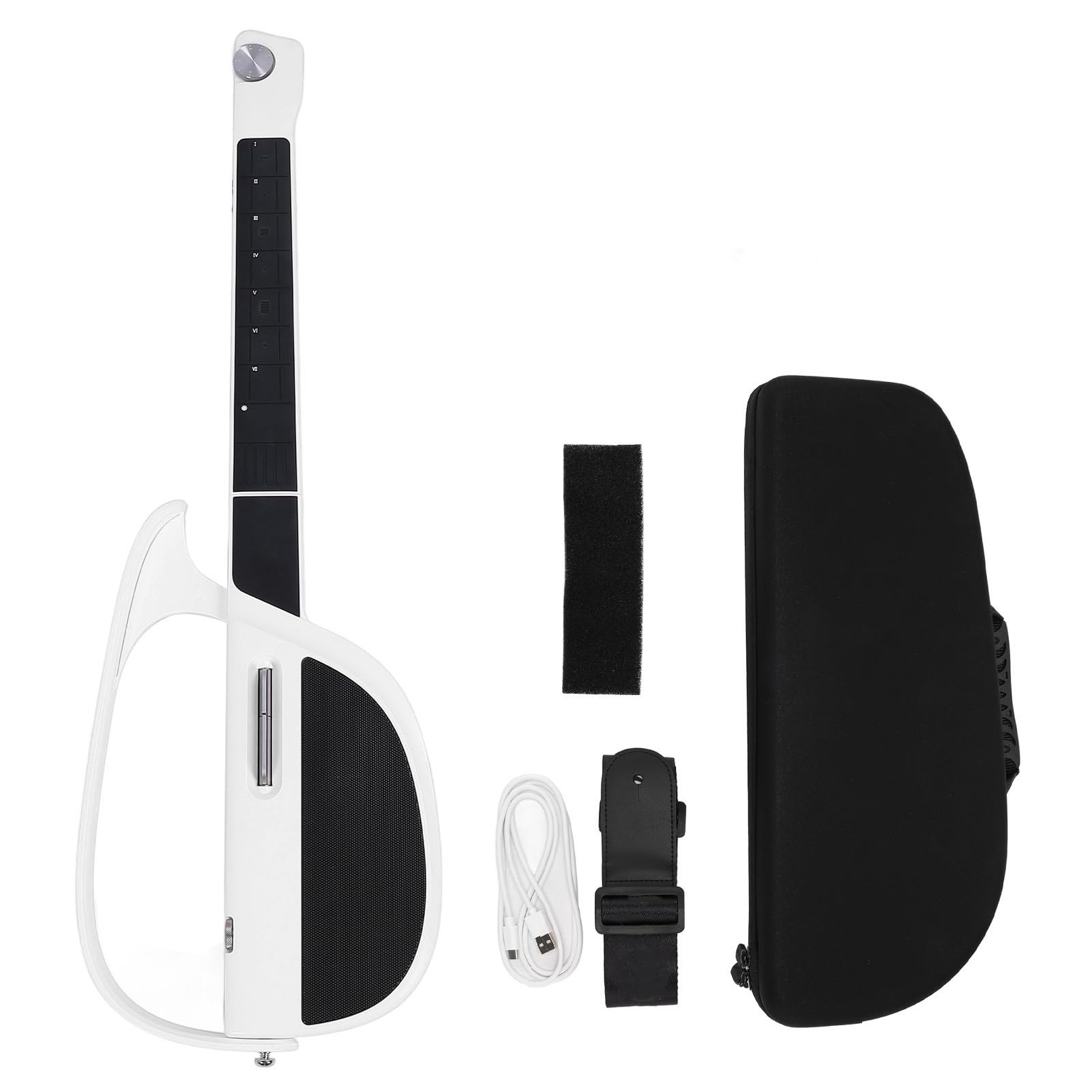 Stringless Foldable Guitar, Interactive Sheet Music, Band like Playing with Drum Machine for Travel, Cord Musician, Plucking, Drumming, Barre Chords (White)