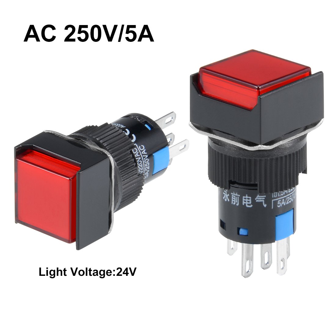 Sourcingmap 5Pcs 16mm Momentary Push Button Switch Red LED Light Square Button 1 NO 1 NC Light 24V, Red LED 24V Momentary - Image 2