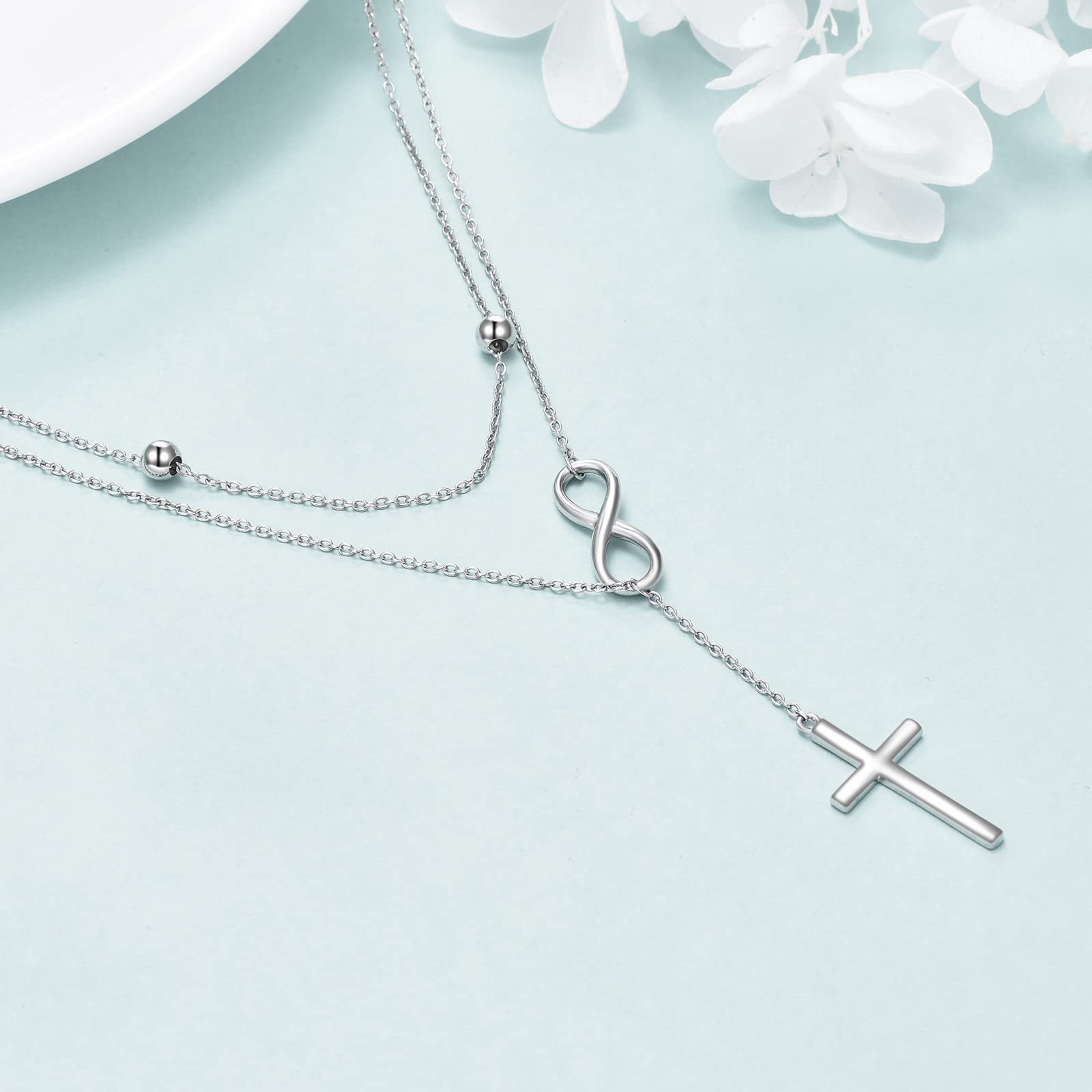 Collana da donna in argento sterling 925, con croce a più file, con croce e gioielli da donna, Nessuna pietra preziosa