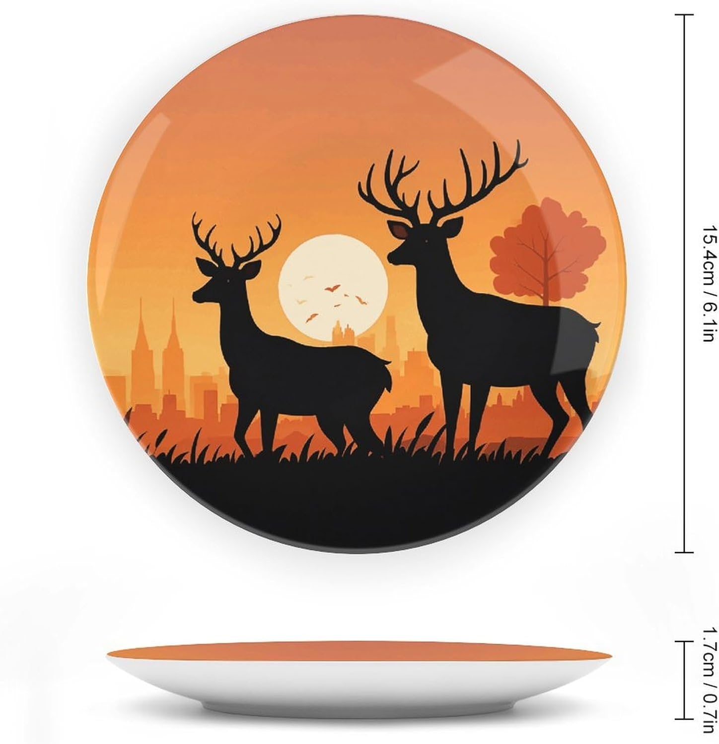 Silhouette Illustration of Deer And Doe on The Ground Ceramic Decorative Plate, Bone China Plates