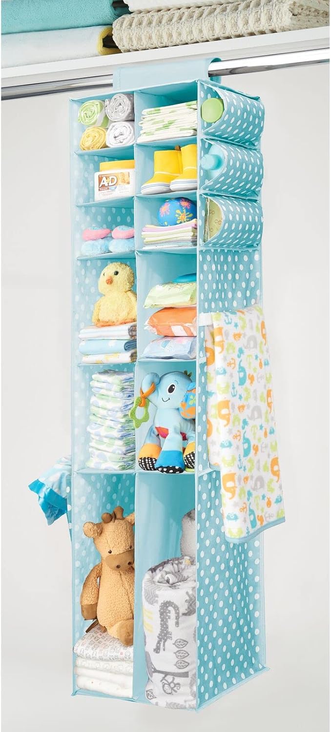 mDesign Long Soft Fabric Over Closet Rod Hanging Storage Organizer with 12 Divided Shelves, Side Pockets for Child/Kids Room or Nursery, Store Diapers, Wipes, Lotions, Toys - 2 Pack - Light Blue/White