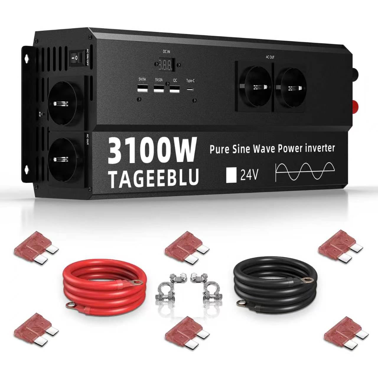 3100W Inversor 24v 220v Onda Pura, Transformador 24v a 220v camion con Clip de cocodrilo, 4 Toma de Corriente UE, 3 interfaces USB-A, TypeC 30W y Pantalla LCD