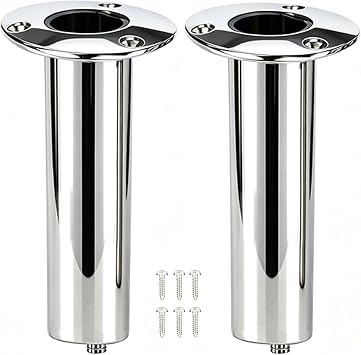 Set of 2 Amarine-Made Heavy Duty Stainless Steel 316 Deluxe Rod Holders with Drain, Flush Mount Fishing Rod Pole Holders, 90 Degree
