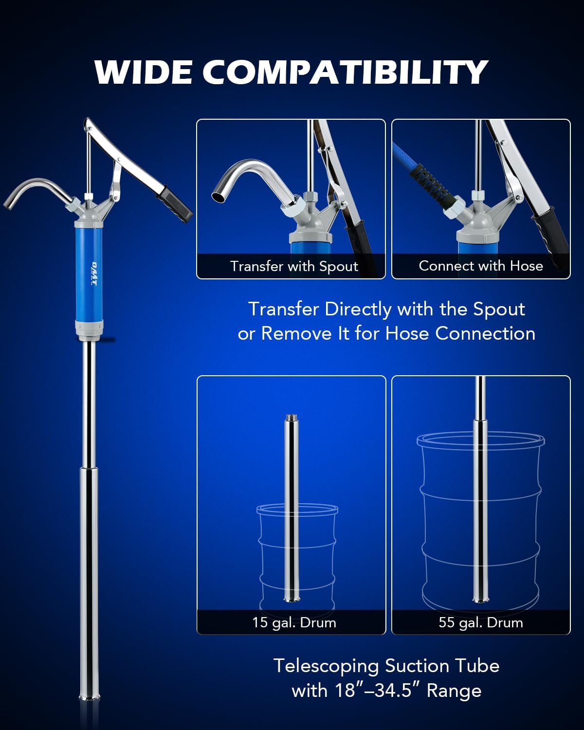 Orion Motor Tech Lever Action Barrel Pump, Heavy Duty Barrel Hand Pump with Telescoping Suction Tube Fits 15 to 55 Gallon Drums Transferring Heating Oil, Motor Oil, Transmission Fluid