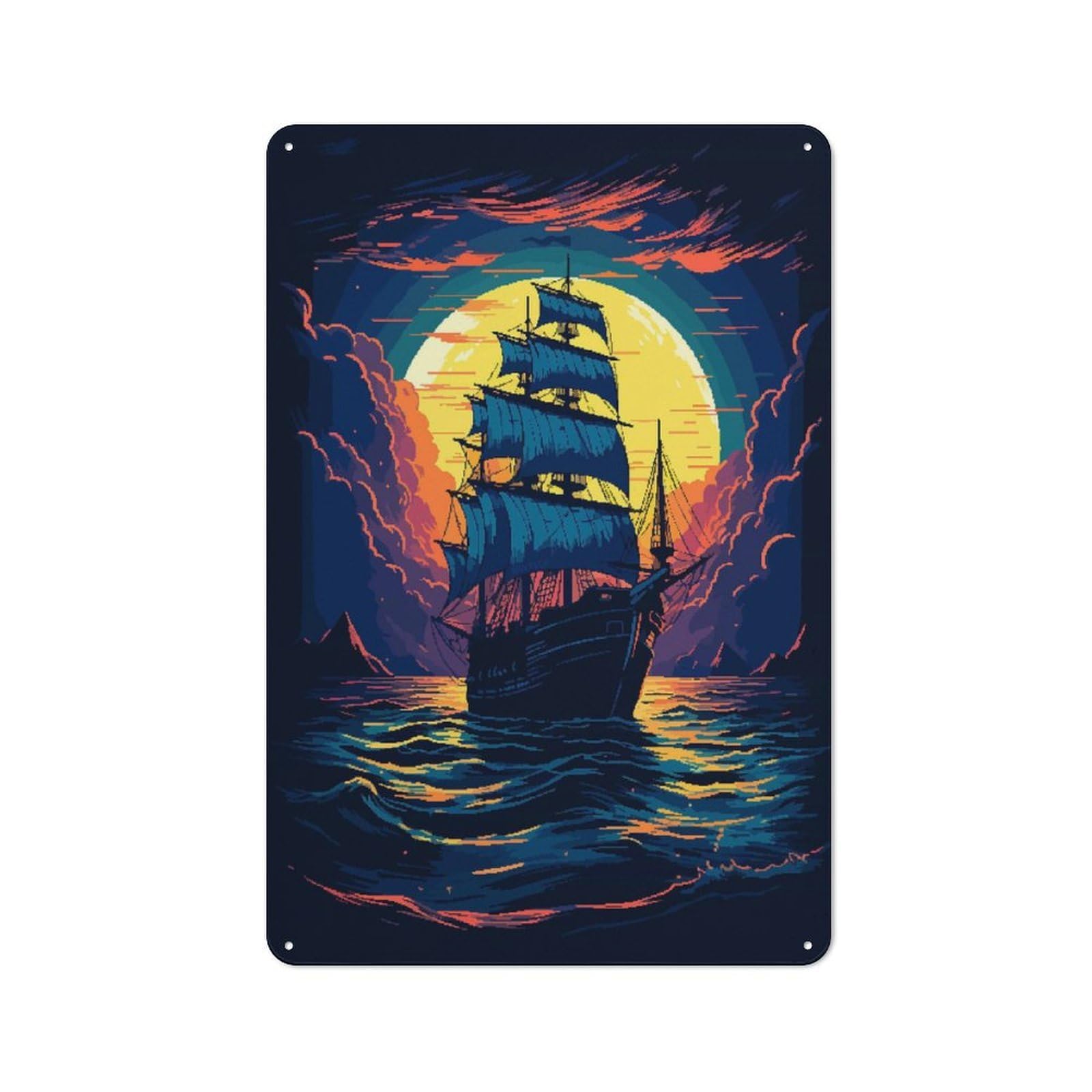 Old Ship Sea Pixel Art Vintage Metal Sign 30x20cm for Living Room Wall, Gift for Home Wall Decor Collectors during The Christmas Season