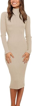 MEROKEETY Women's Long Sleeve Sweater Dress 2025 High Neck Slim Fit Ribbed Knit Midi Winter Dresses