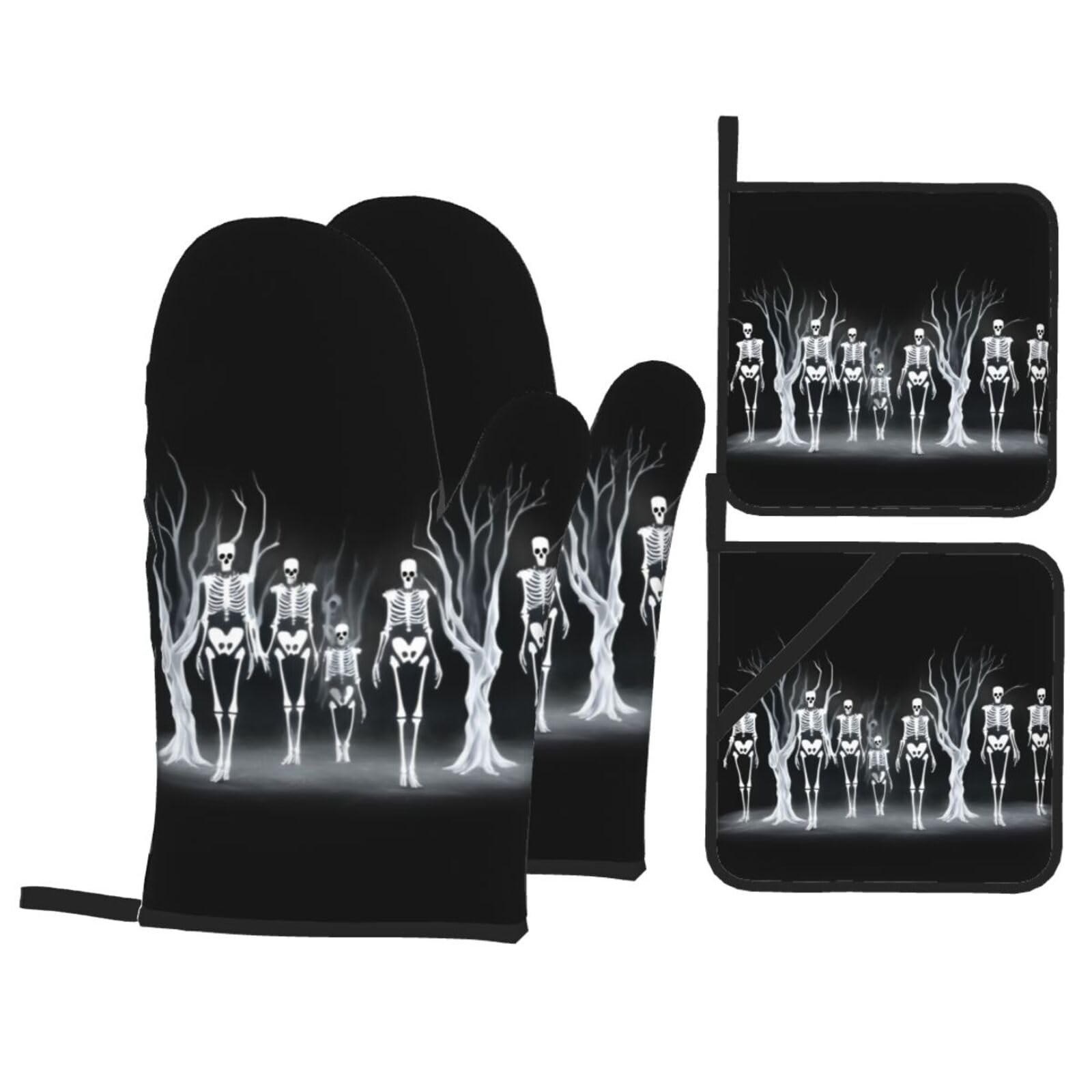 YYHWHJDE Skeleton Habitat Printed Kitchen Baking Set of 4 Thick Insulated Oven Mitt & Pot Holders, Anti-Scalding for Microwave, Oven, Outdoor BBQ