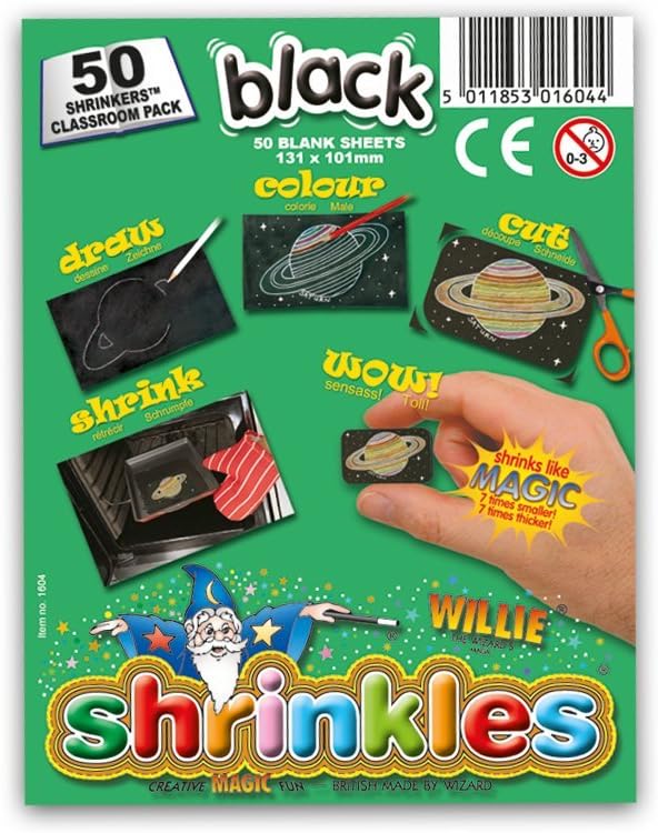 Original Shrinkles, Shrink Art Sheets Black Classroom Pack for 5 years to 99 years (50 Sheets)