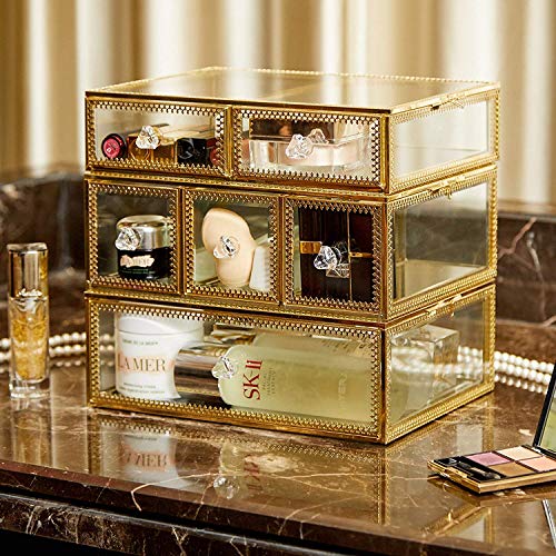 PuTwo Vintage Makeup Organizer 3 Layers 6 Drawers Detachable Cosmetic Organizer Glass Makeup Storage for Countertop Bathroom Vanity Dresser Ideal Gift for Birthday Christmas Wedding - Gold