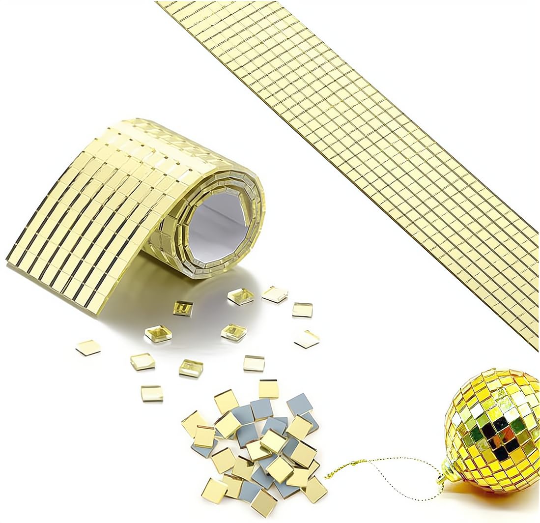 Self-Adhesive Mini Square Mosaic Tiles, 2 Pack Mirror Tiles Real Glass Disco Ball Tiles for Crafts DIY Disco Ball Photo Frame Art Collage Interior Decoration, Gold, 4 * 100cm