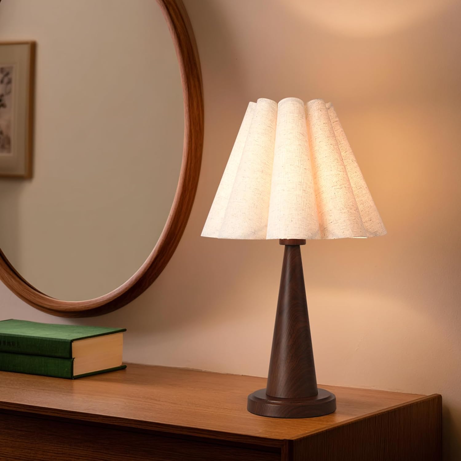 Modern Table Lamp with Petal Linen Lampshade, Dark Faux Wood Metal Base – 20.5” Bedside Nightstand Lamp for Bedroom, Living Room, Office, E26 Base, Max 60W (Bulb Not Included)