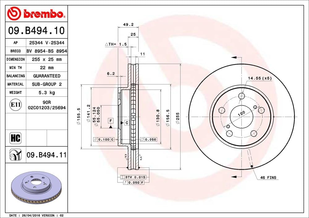 Brembo 09.B494.11 UV Coated vented Front Brake Rotor LEXUS/TOYOTA/TOYOTA (FAW) OE# 4351247050