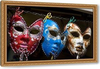 ArtDirect Italy, Venice Display of venetian carnival masks 48x32 Huge Gold Ornate Wood Framed Canvas Giclee Art by Kaveney, Wendy