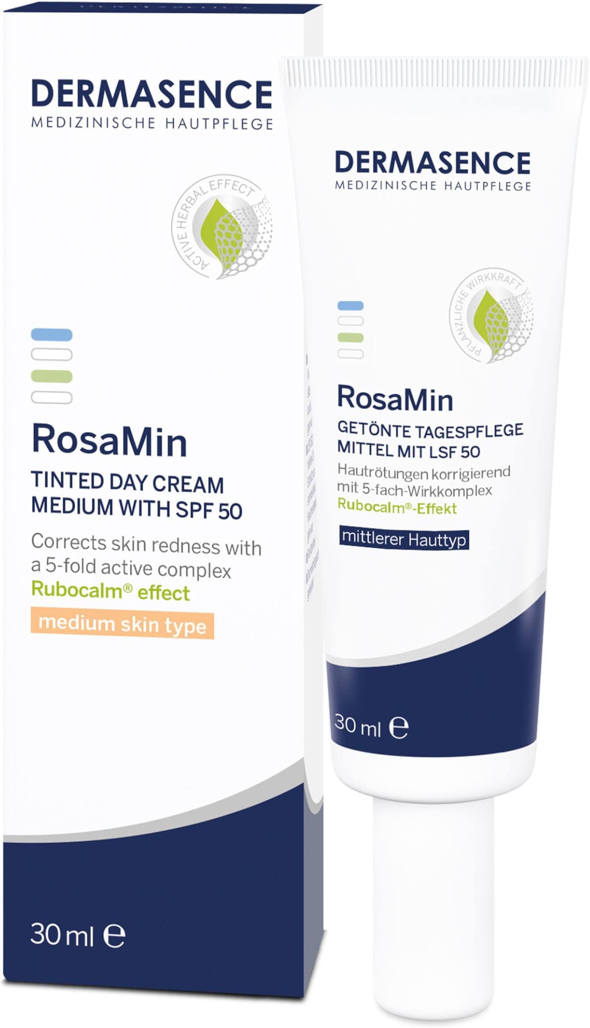 DERMASENCE RosaMin Tinted day cream medium with SPF 50 30 ml, Green cream for facial redness, UV protection, pigment-adjusting, fragrance-free, couperose care, sensitive skin, vegan, lightly tinted
