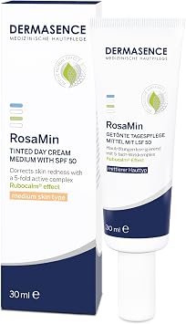 DERMASENCE RosaMin Tinted day cream medium with SPF 50 30 ml, Green cream for facial redness, UV protection, pigment-adjusting, fragrance-free, couperose care, sensitive skin, vegan, tinted