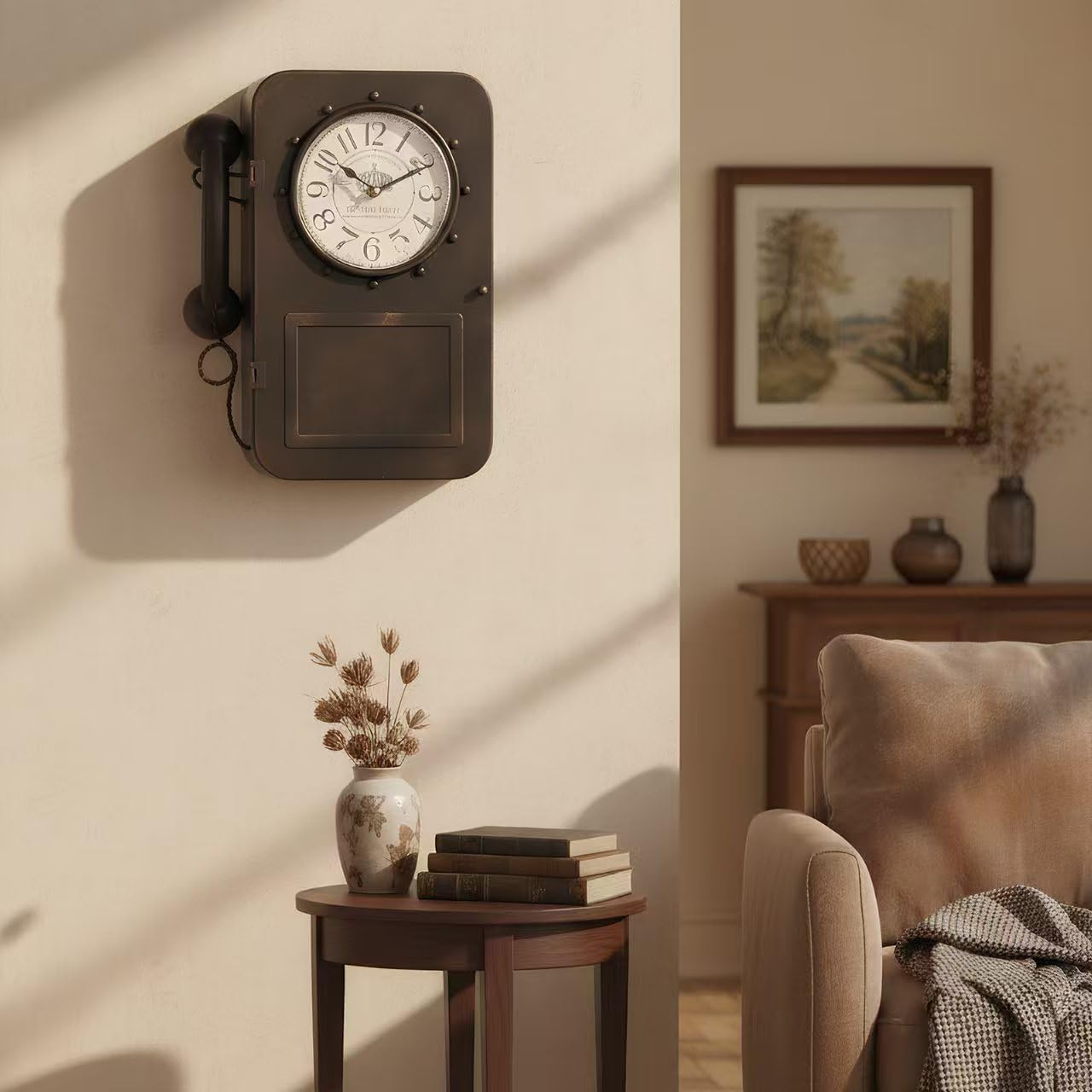 Antique Wall Clock Vintage Clock with Hidden Storage Compartment, Little Brown Black Telephone Wall Clock,Large Retro Style Vintagel Clock