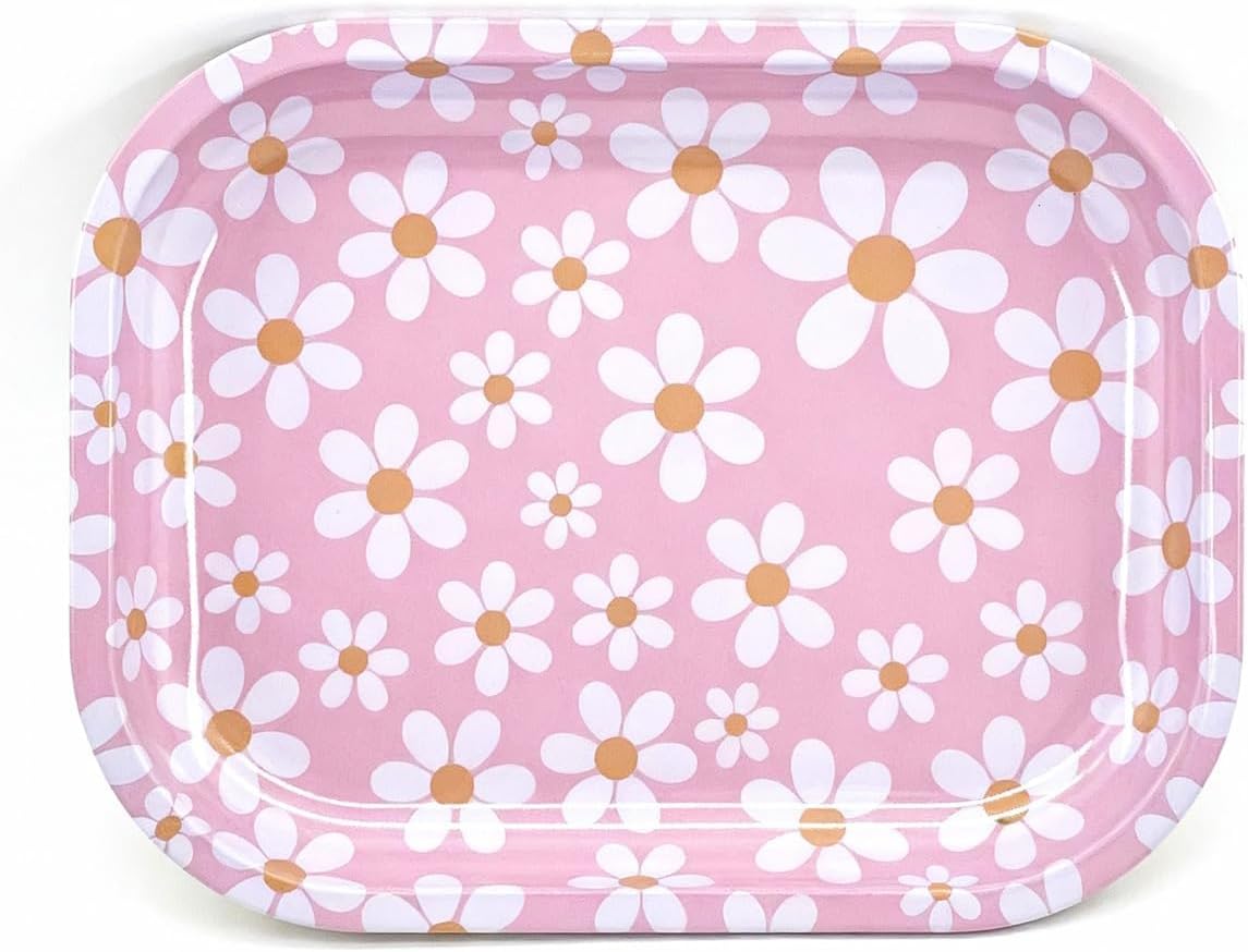 Pink Rolling Tray Premium Metal Tray with Design -7 x 5.5 Inches Perfect Size for Home Or Travel Accessories (Pink Heart)
