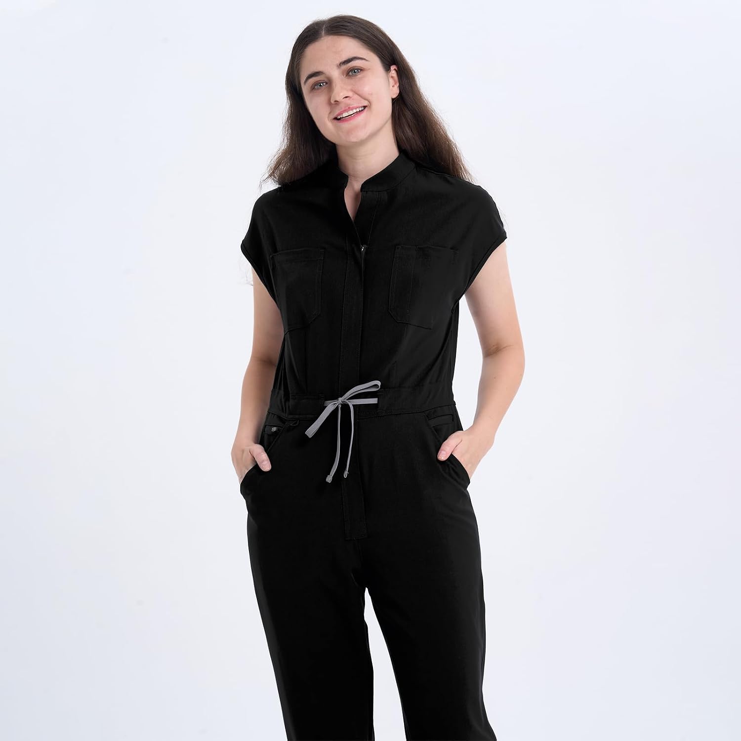 Women Medical Scrub Jumpsuit Stretch 9 Multi-Pockets Nurse Uniform for Doctors Workwear