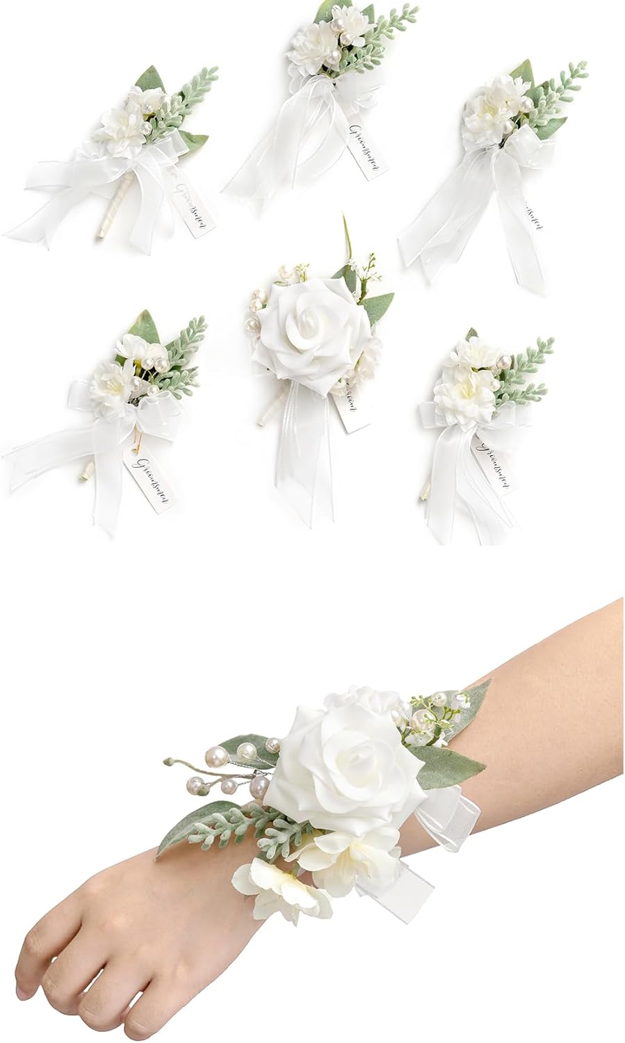 Ling's Moment Pre-Arranged Wedding Flower Packages in White & Sage, Boutonnieres & Wrist Corsages Package(Set of 12)