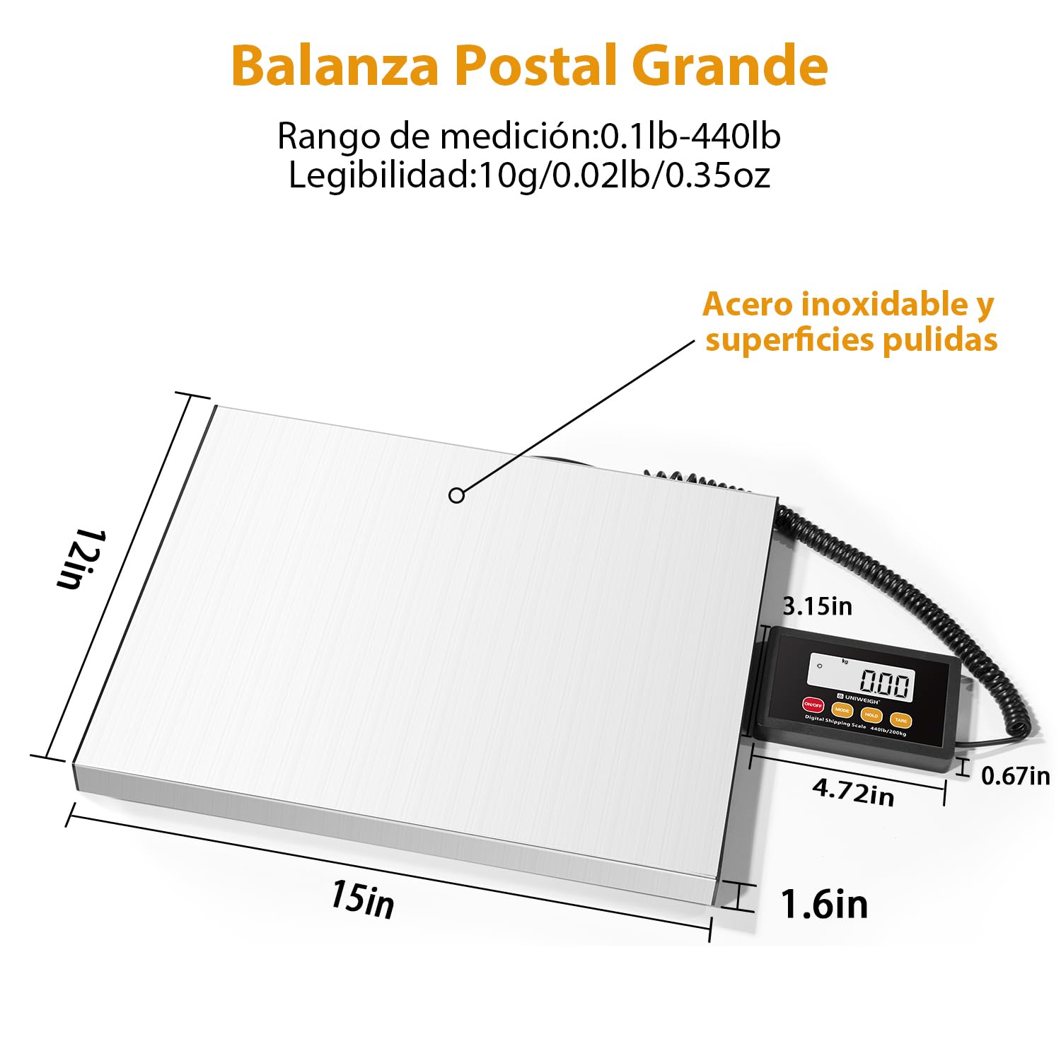UNIWEIGH Bascula Postal Digital,440lb x 10g Bascula industrial,Plataformas de Acero Inoxidable,Balanza Pesada con Retención/Tara/Pantalla LCD,Báscula Postal para Paquetes/Almacén/Equipaje
