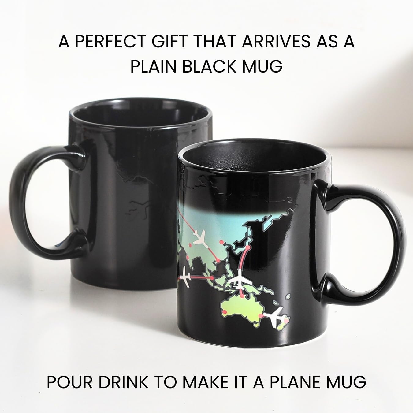 World Map Mug with Airplanes - Colour Changing with Heat - Gift for Pilots, Travellers and Aviation Enthusiasts - Ceramic - Image 3