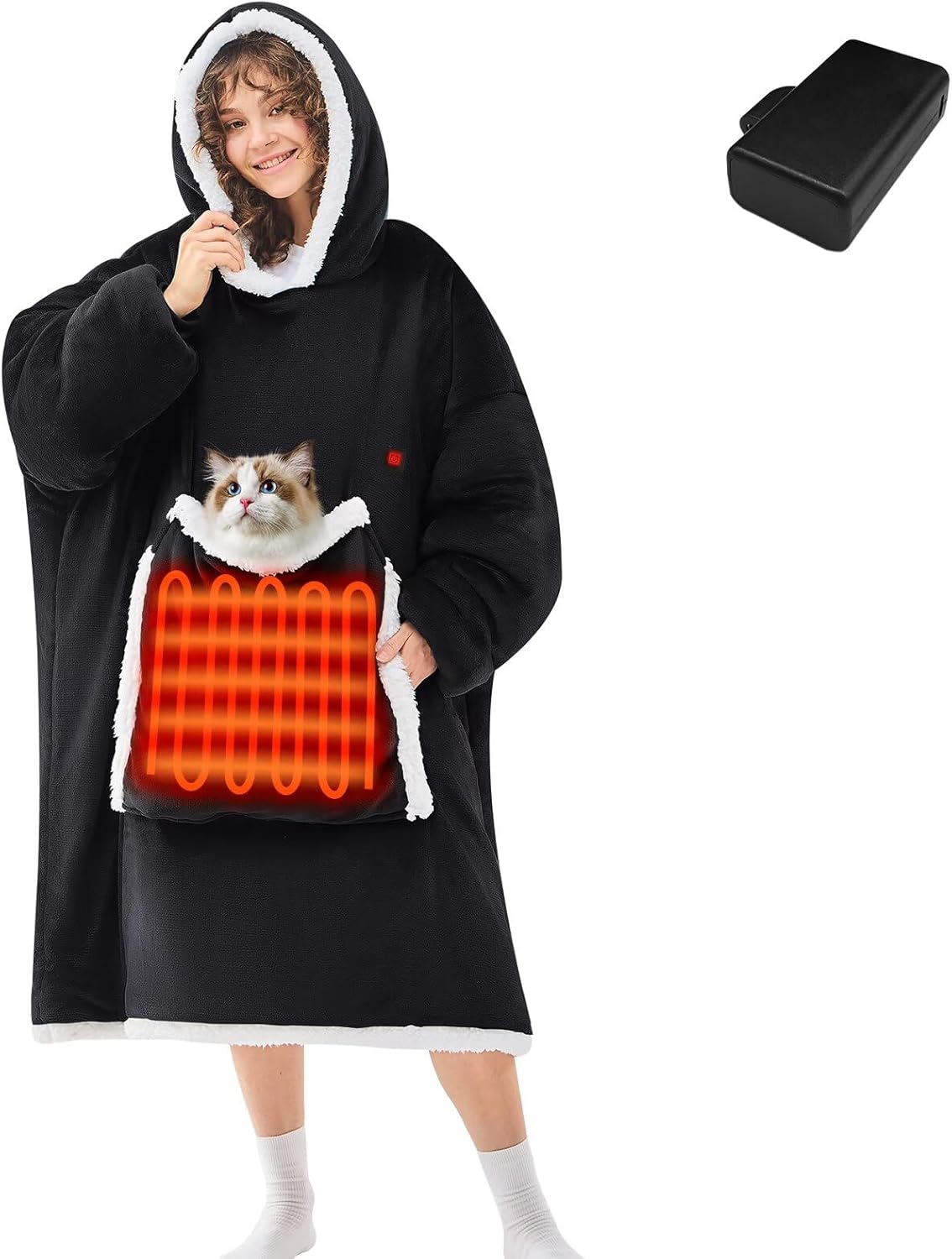 JOYWOO Oversized Wearable Heated Blanket Hoodie,Cordless Portable Heating Hooded Blanket Cat Lovers,Christmas Gifts for Men,Dad,Cozy Sherpa Sweatshirt Electric Blankets Throw for Adult Outdoor,Black