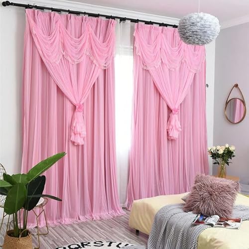 PGGOLF Cortinas Princess Girls Dream para sala de estar, sala de jantar, quarto, renda, apagão completo, quarto, camada dupla, janela flutuante, cortina de tule rosa, W250 cm x A 250 cm, 1 peça, fita