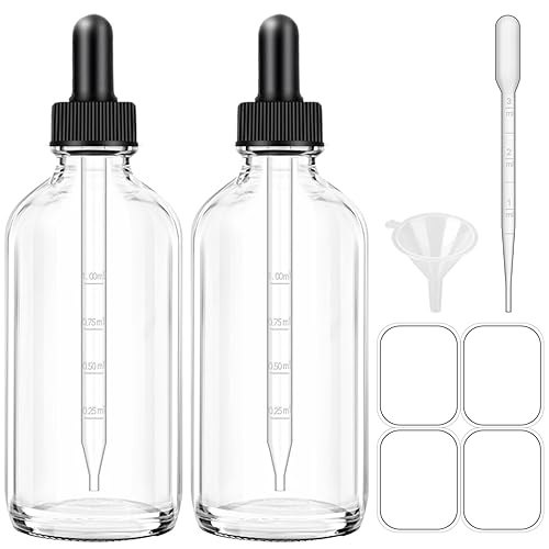 Bumobum Botellas cuentagotas de vidrio transparente de 4 onzas para aceites esenciales con embudo, etiquetas y pipeta, paquete de 2 botellas de