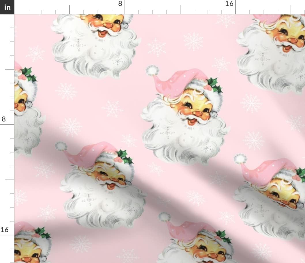 Spoonflower Fabric - Pink Retro Santa Large Snowflakes Snow Holly Candy Christmas Vintage Printed on Petal Signature Cotton Fabric by The Yard - Sewing Quilting Apparel Crafts Decor