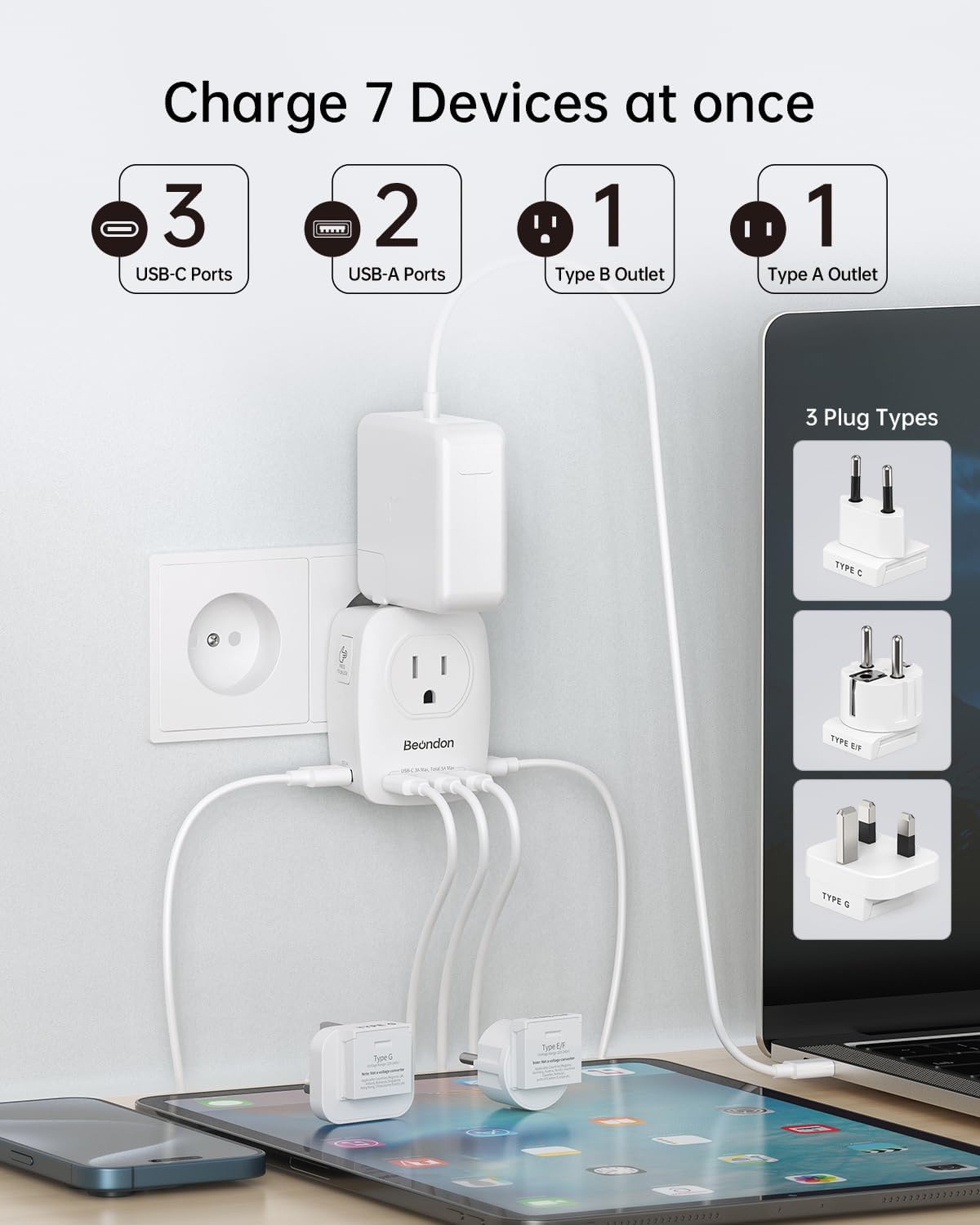 BEONDON European Travel Plug Adapter, Travel Adapter with 5 USB Ports (3 USB-C) and 2 Outlets, Type C/G/E/F Detachable Plug Adapter, US to UK, France, Germany, Italy, Spain