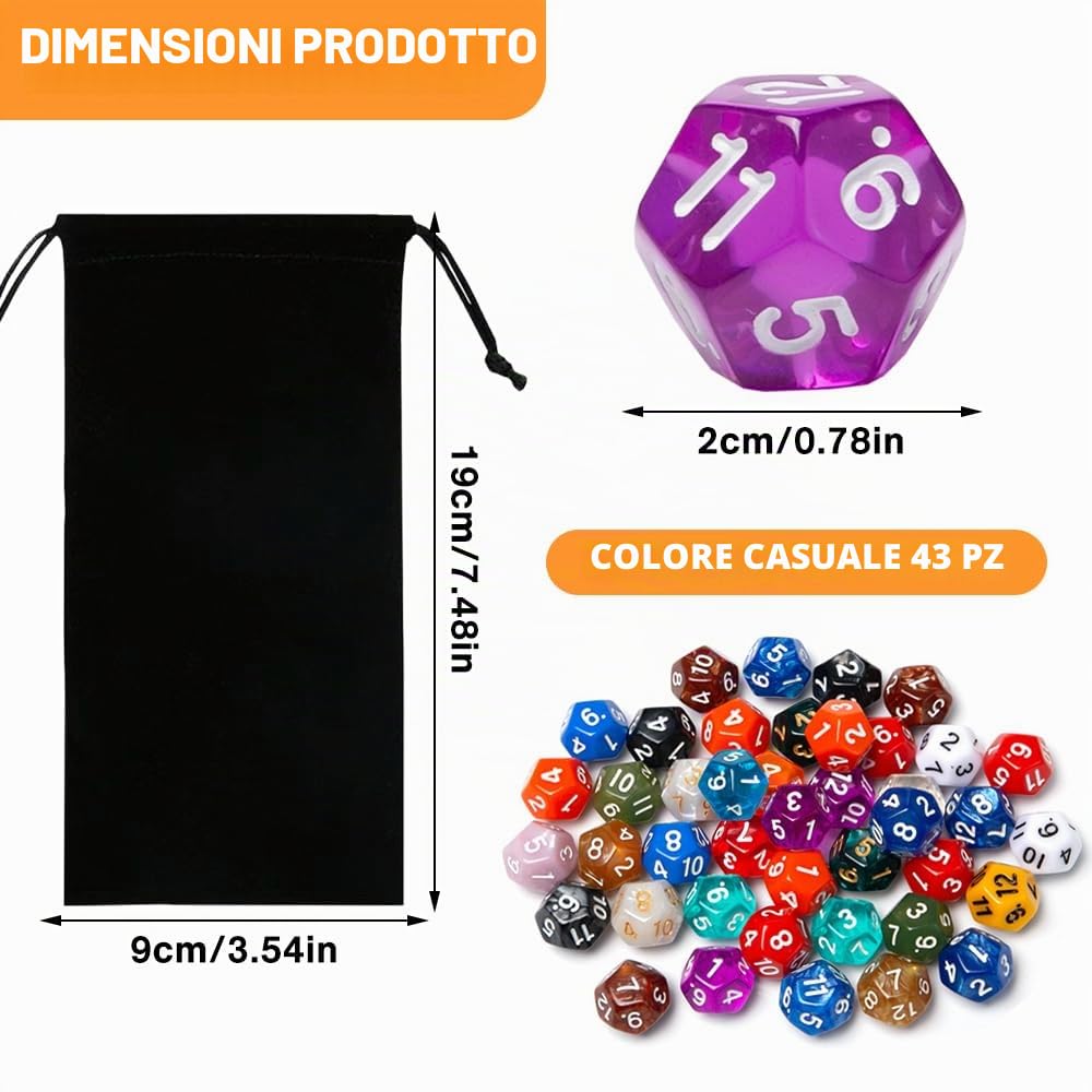 Dadi Poliedrici 12 Facce 43 Pezzi Colorati Dadi D&D Set da Gioco | 12facce-dadi con 1 Borse di Velluto Nero per Dungeons and Dragons DND MTG Giochi di Carte da Tavolo RPG Dadi D12