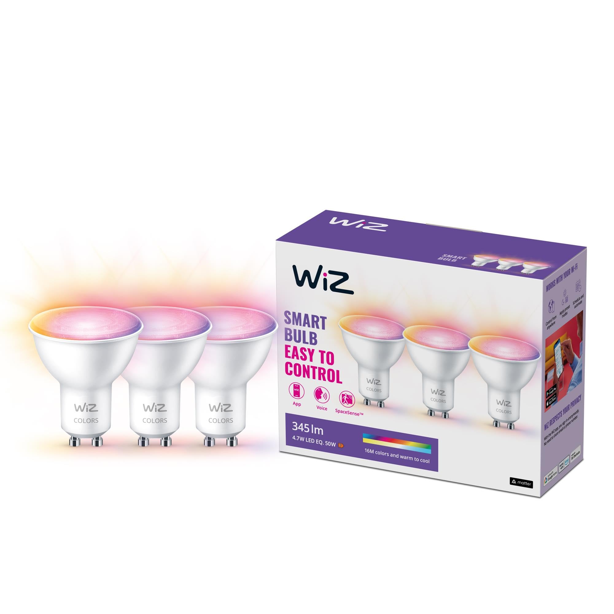 WiZ Spot 3 Pack - Luces LED inteligentes - Luz en color y blanca - GU10-50W - ...